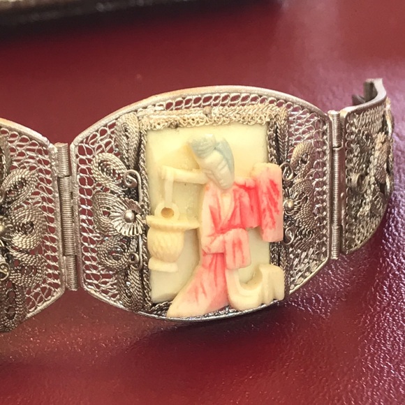 Vtg Chinese Filigree bracelet with Carved Bone - Picture 4 of 12